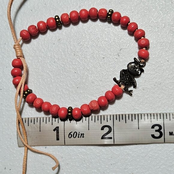 Rustic Brass Owl Charm Bracelet Red Wooden Beaded Natural Cord Tie Boho Jewelry - Picture 6 of 6